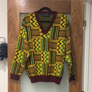 Vintage Isis Zimbabwe Kente Print Yellow Green Brown Black Knit Sweater